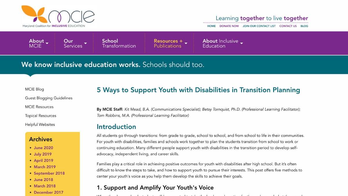 5 Ways to Support Youth with Disabilities home page screenshot