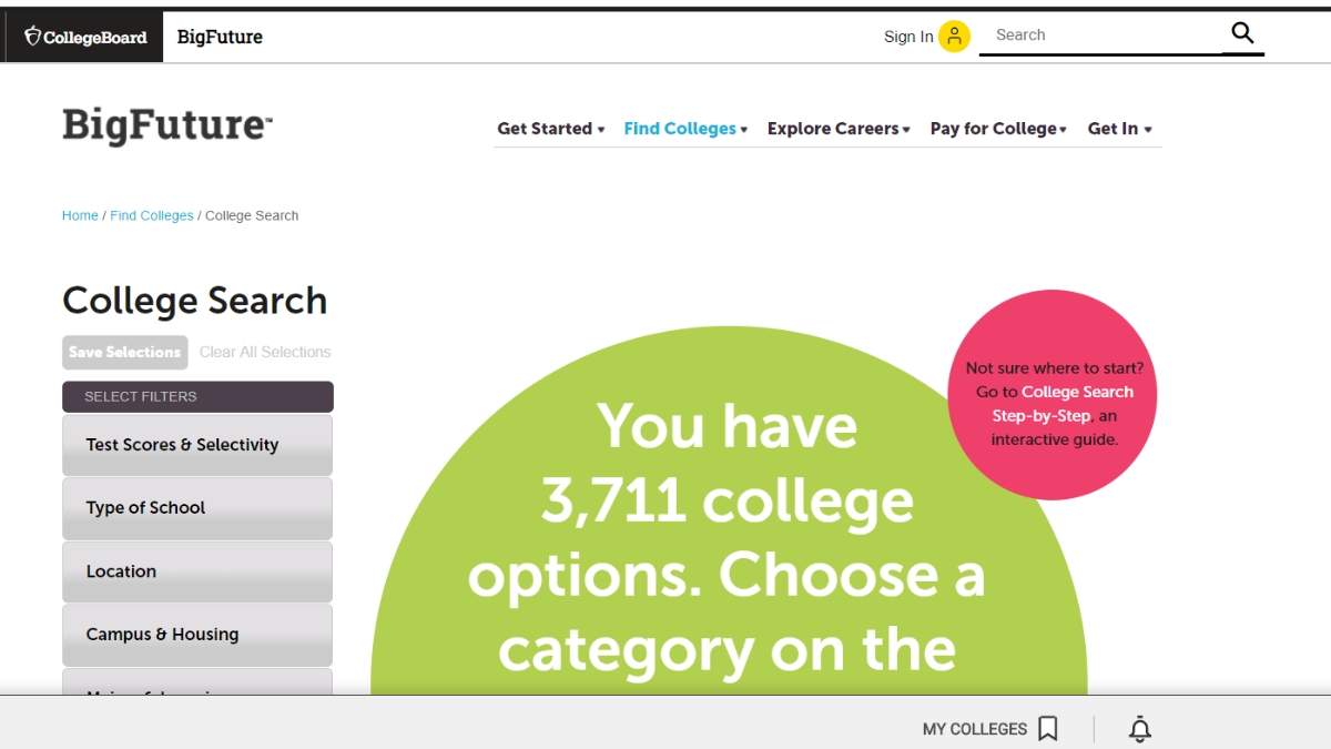 college search home page screenshot