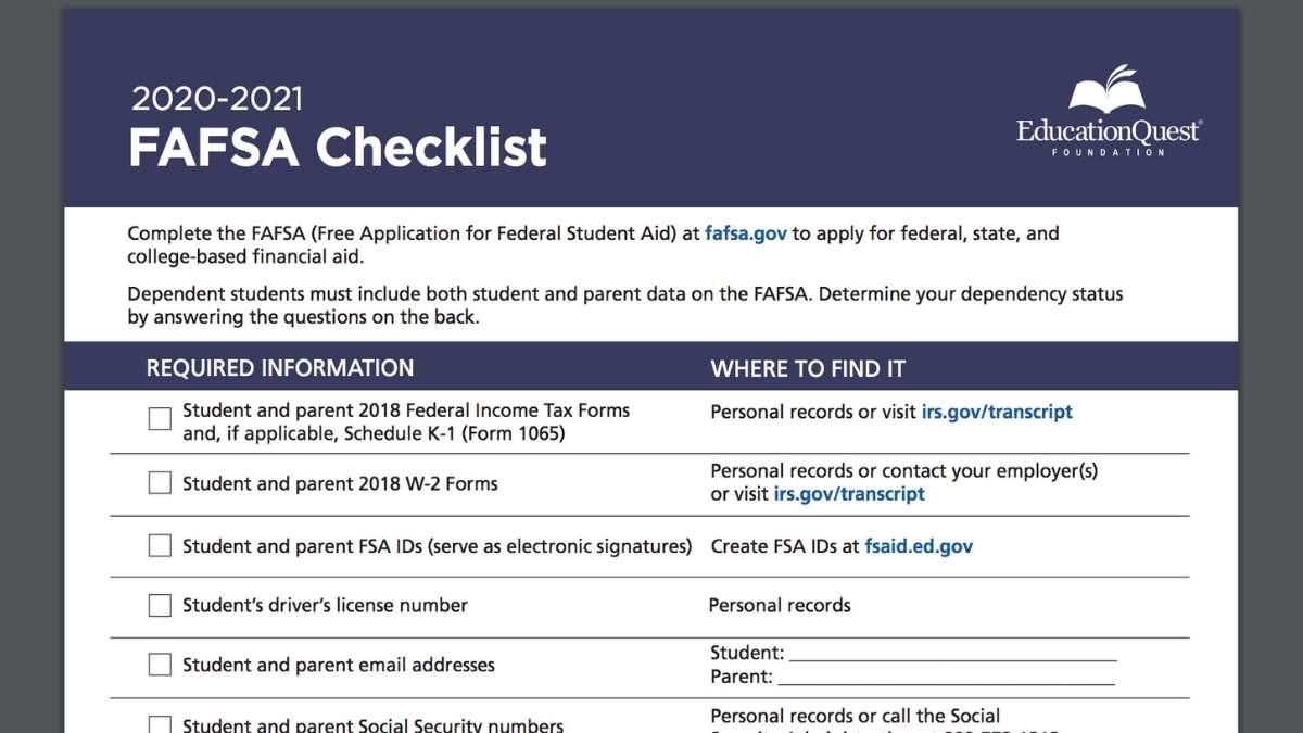 Screenshot of FAFSA Checklist PDF