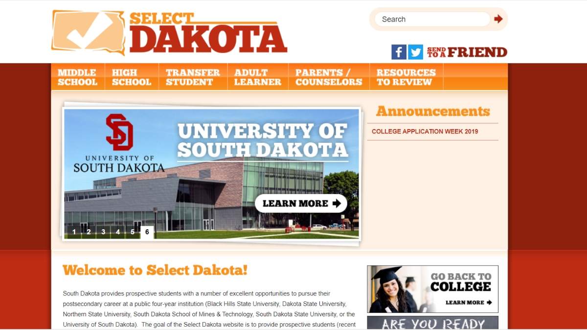 select dakota home page screenshot