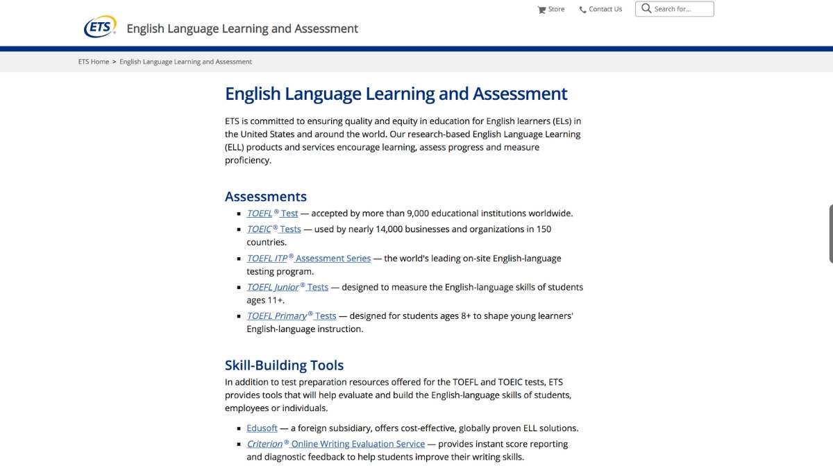 TOEFL test home page screenshot
