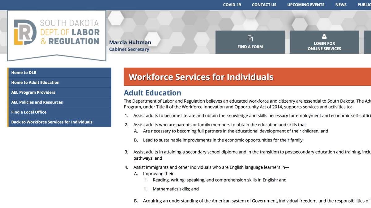 Home page screenshot SD Adult Education Workforce Services