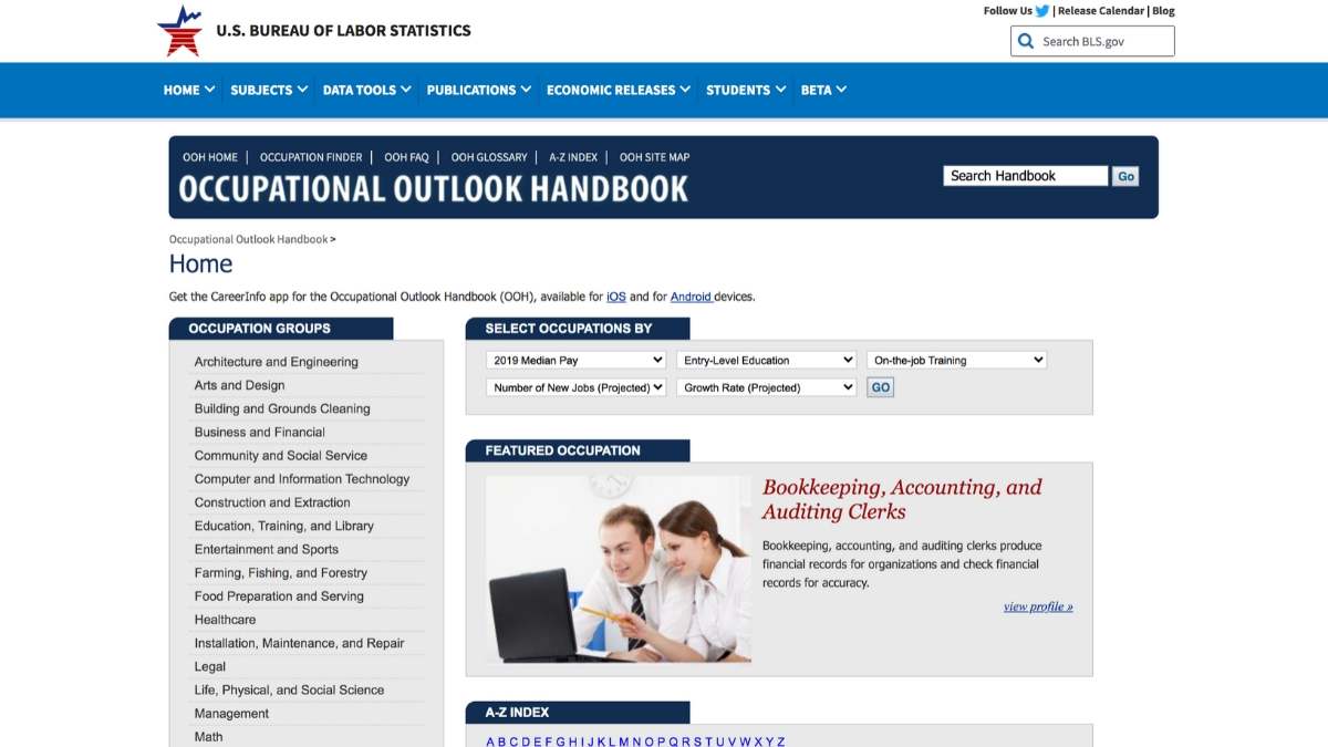 occupational outlook handbook home page screenshot