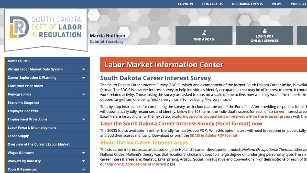 screenshot of SD Labor Market Information web page