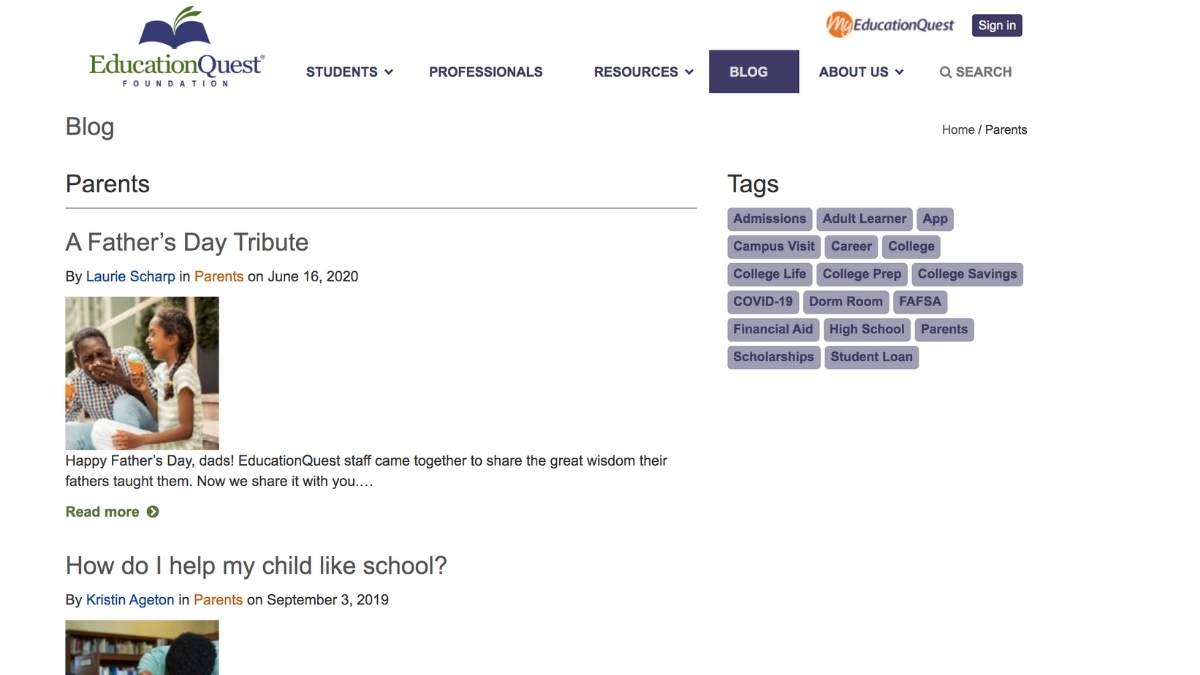 screen shot of Education Quest website