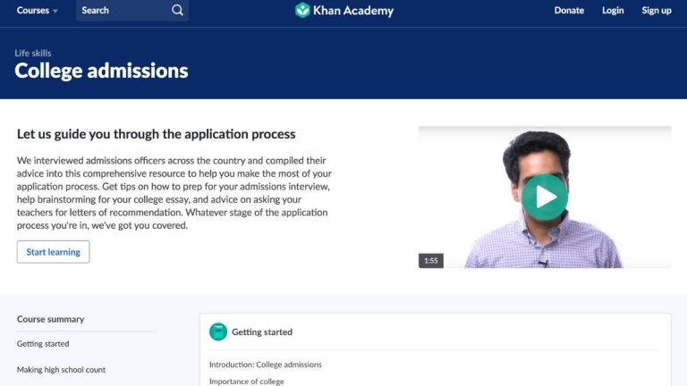 Screenshot of Khan Academy College admissions