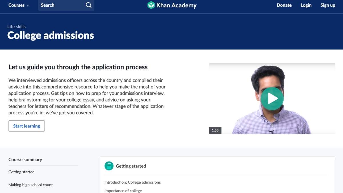 Screenshot of Khan Academy College admissions