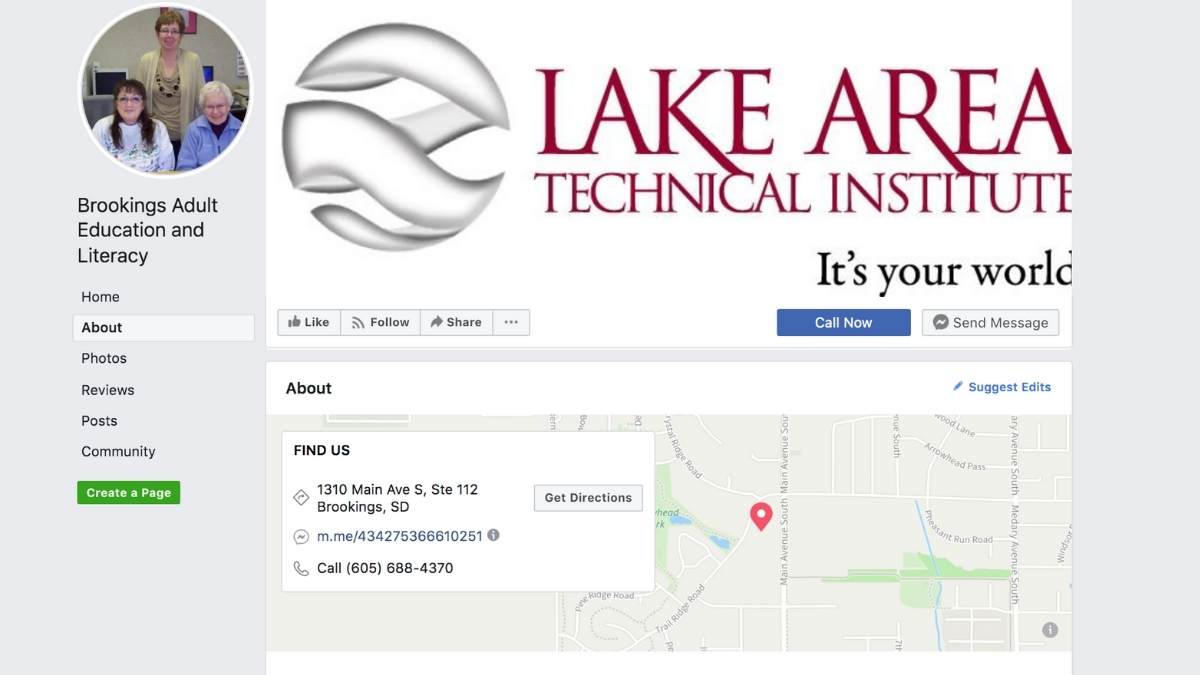 screenshot of lake area tech adult education facebook page