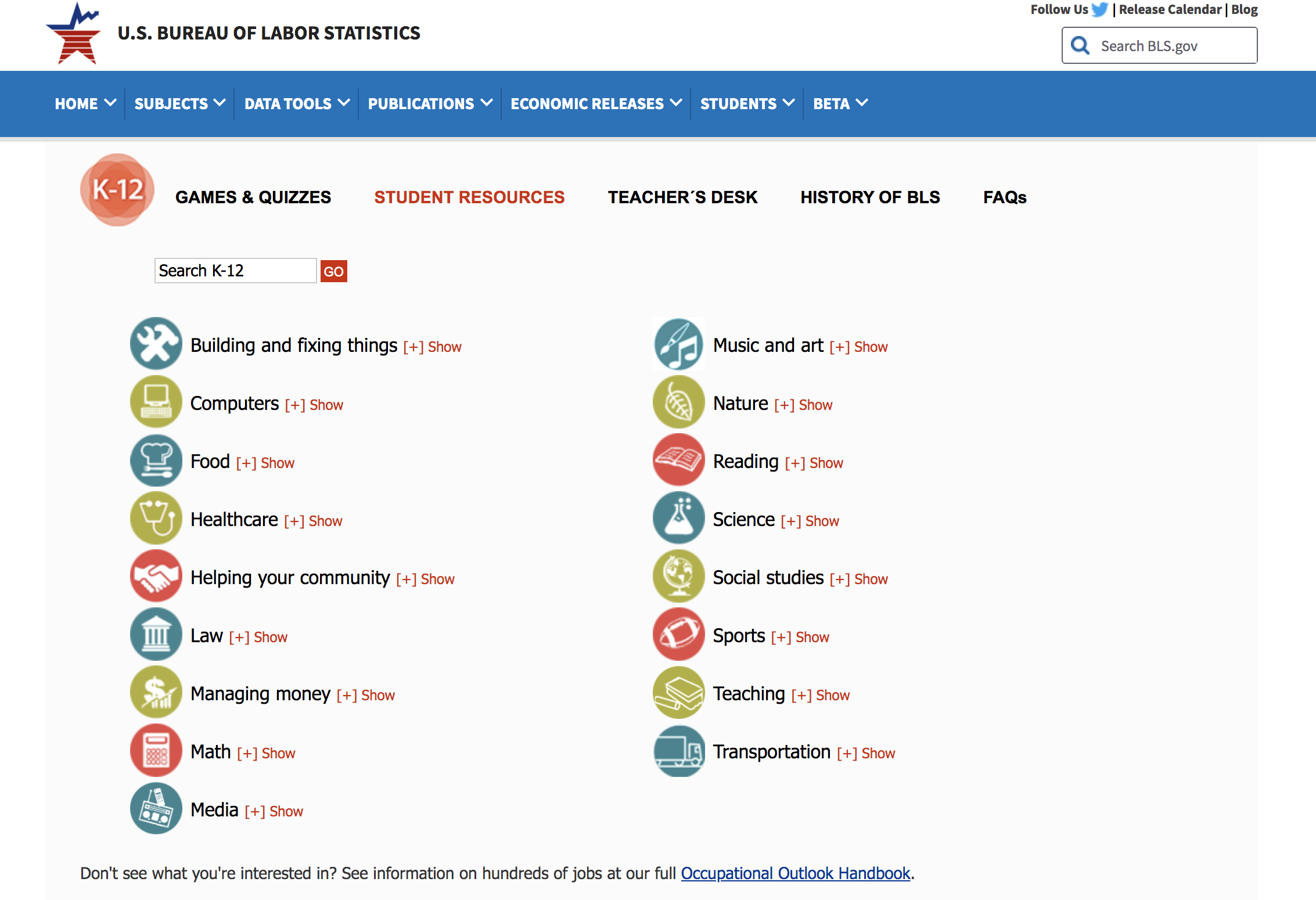 screenshot of BLS K-12 website