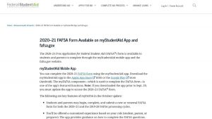 screenshot of FAFSA app web page