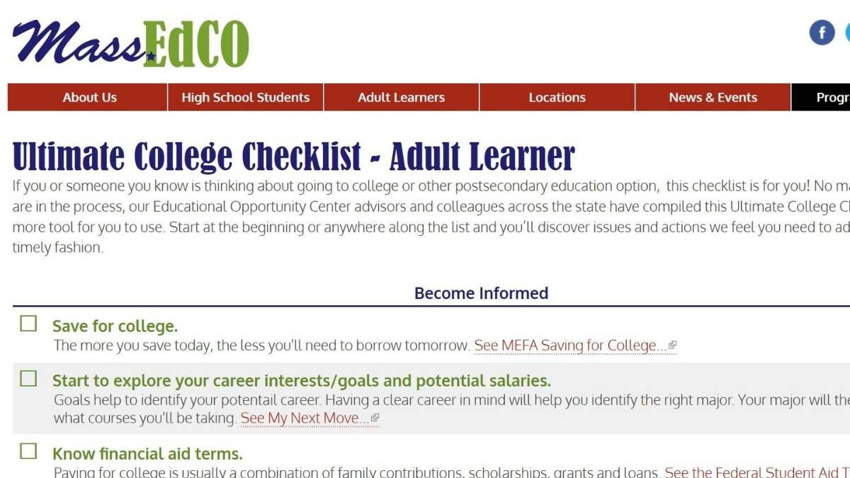 Screenshot of MassEdCo College Checklist web page
