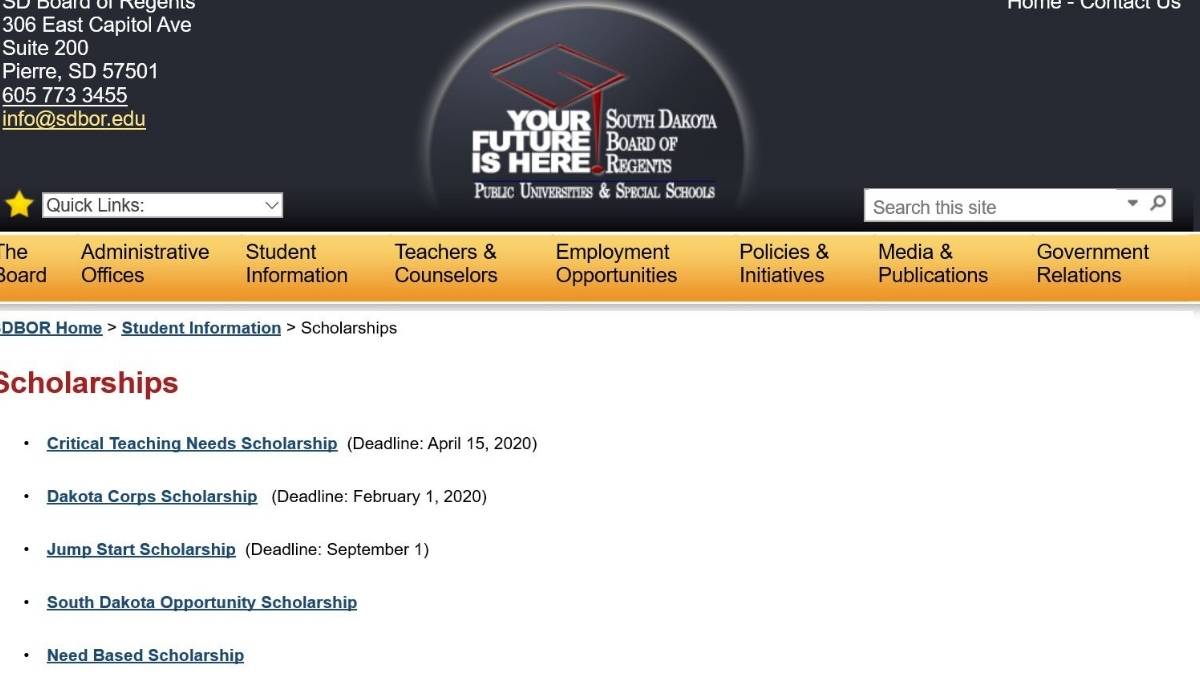 Image of SD Board of Regents Scholarships website