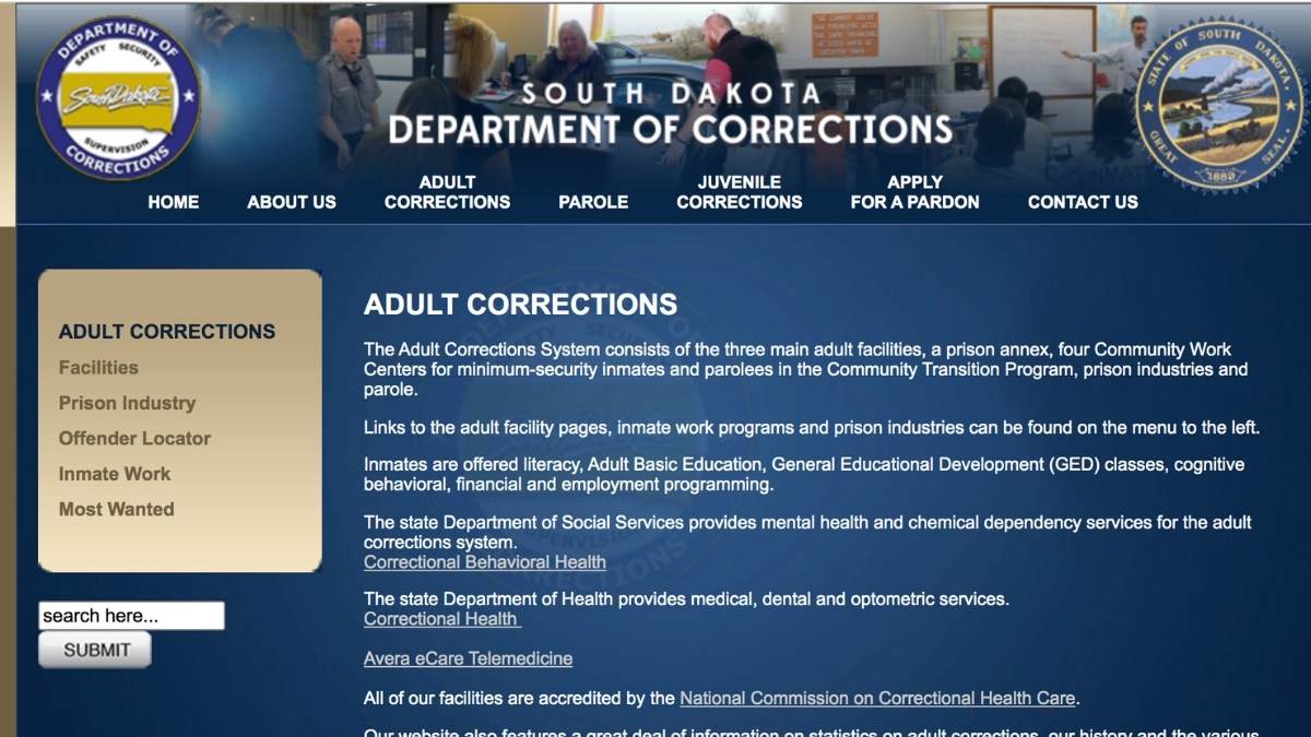 Screenshot of Department of Corrections website